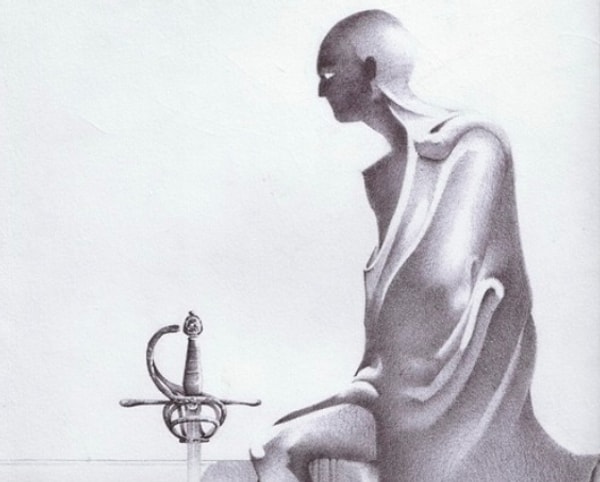 1. "Воланд сидел на складном табурете, одетый в черную свою сутану. Его длинная широкая шпага была воткнута между двумя рассекшимися плитами террасы вертикально, так что получились солнечные часы"