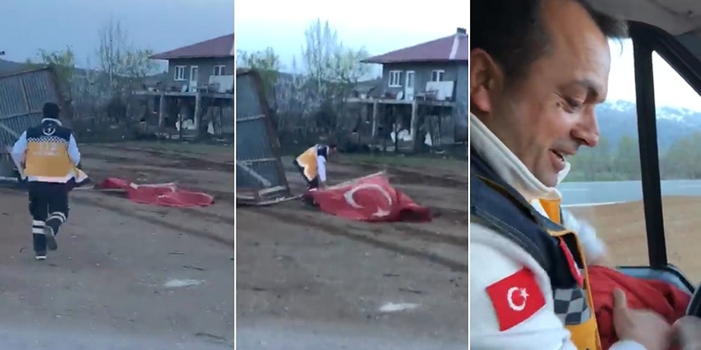 Fırtınadan Dolayı Yere Düşen Türk Bayrağını Yerde Bırakmayan Koca Yürekli Ambulans Şoförü