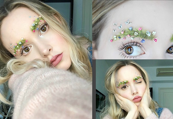 1. Девушки прикрепляют к бровям натуральные и искусственные цветы и выкладывают фото в сеть с хэштегом #GardenEyebrows