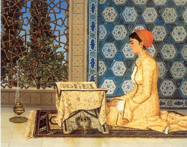 1880 yılında resmedilmiş olan Osman Hamdi Bey'e ait bu muazzam tablo, kullanılan figür ve renkleriyle Türk İslam kültürünün en iyi resmediliş örneklerinden.