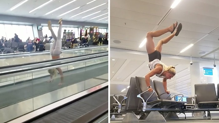 Havalimanında Uçak Saatini Amuda Kalkarak Bekleyen Kadın