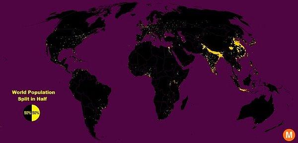 22. Biraz haritalara bakalım. Dünya nüfusunun yarısı dünya topraklarının %1’inde yaşıyor.