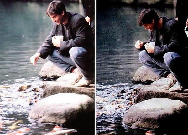 4. "Keanu Reeves koi balıklarını besliyor."