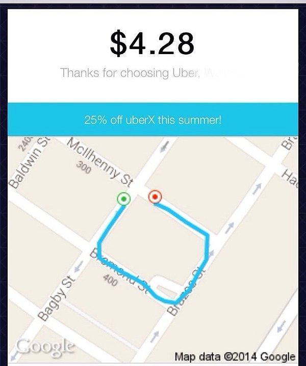 17. "Epey içtiğim bir geceden sonra, çok gereksiz bir taksi yolculuğu yaptığımı fark ettim. Teşekkürler Uber, detaylı bir haritayla bunu suratıma vurduğun için."