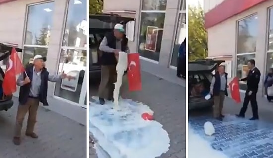 'Yem Alamıyoruz, Hayvanları Satamıyoruz' Diyerek İsyan Eden Çiftçi Bankanın Önünde Süt Dökerek Eylem Yaptı