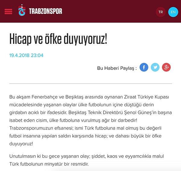 Trabzonspor: "Şenol Güneş’in başına isabet eden cisim, ülke futboluna vurulmuş ağır bir darbedir."