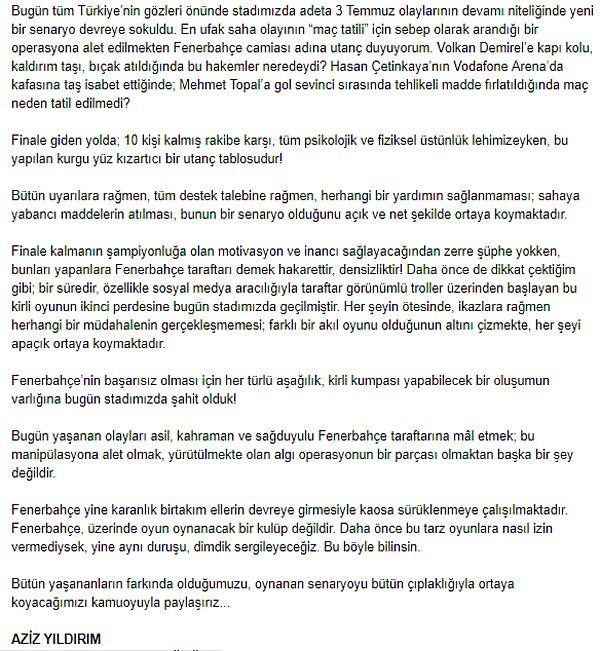 Aziz Yıldırım: "Fenerbahçe’nin başarısız olması için her türlü aşağılık, kirli kumpası yapabilecek bir oluşumun varlığına bugün stadımızda şahit olduk!"