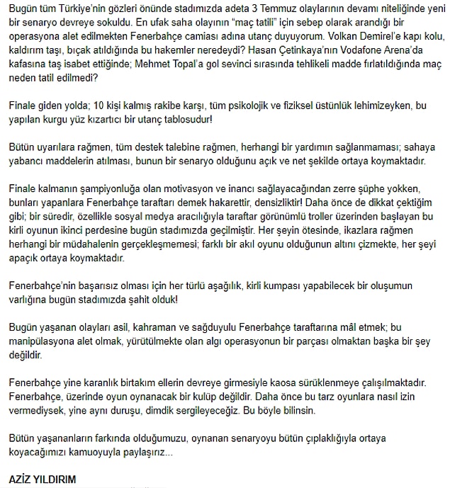 Aziz Yıldırım: "Fenerbahçe’nin başarısız olması için her türlü aşağılık, kirli kumpası yapabilecek bir oluşumun varlığına bugün stadımızda şahit olduk!"
