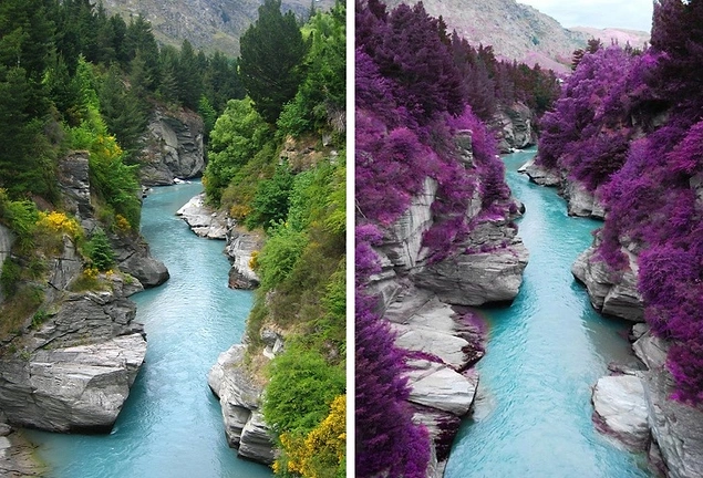 İskoçya'nın Skye Adası'nda çekildiği iddia edilen bu fotoğraf aslında Yeni Zelanda'da Shotover Nehri'ne yakın bir yerde çekilmiş ve üzerinde bol bol oynanmış.