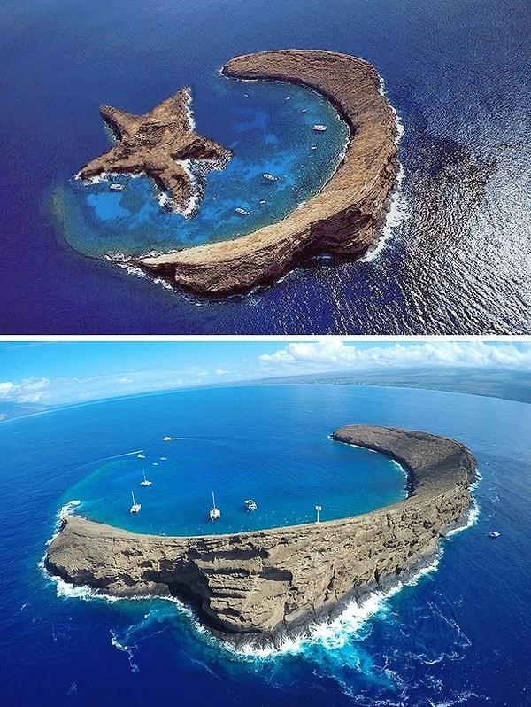 2. Ay yıldız olduğu iddia edilen Molokini Adası, Hawaii'de yer alıyor. Fakat aslında altta gördüğünüz gibi sadece bir hilalden oluşuyor.