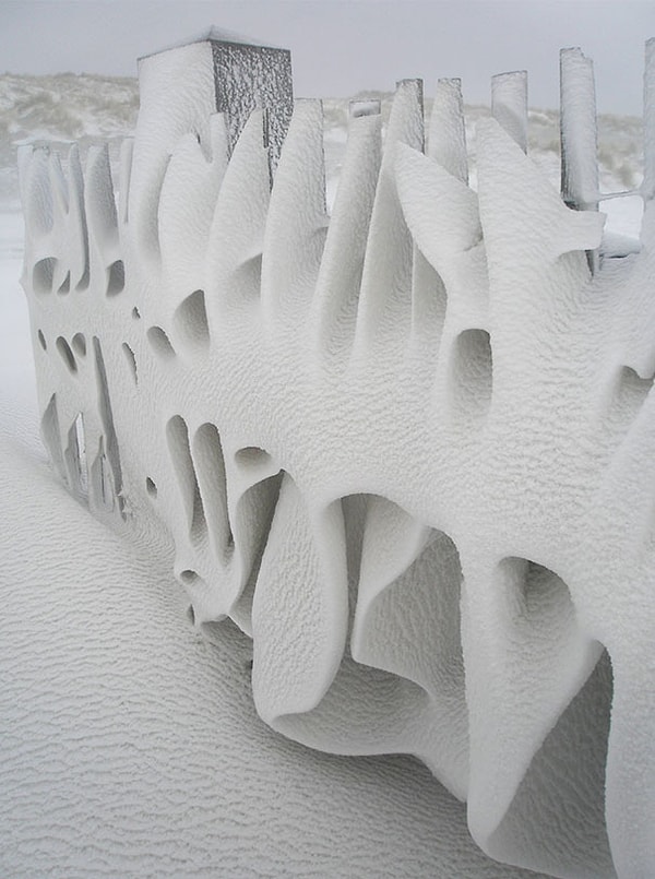 1. Забор после ночного снегопада в общине Терсхеллинг, Нидерланды