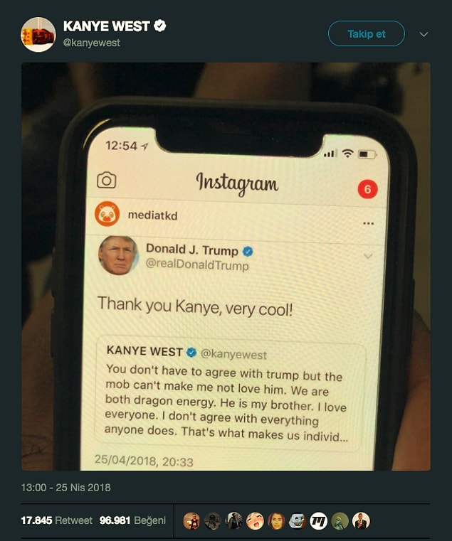 Trump'tan gelen teşekkür cevabını da paylaştı. Çünkü bildiğiniz gibi ortalama bir Kanye, kaostan beslenir!