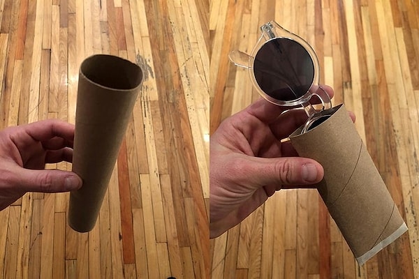3. Оказывается, втулка от туалетной бумаги может стать очень удобным и недорогим футляром для солнечных очков