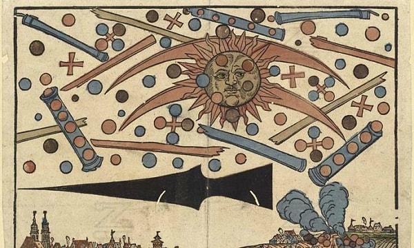 6. 1561 yılında Nuremberg’de Hans Glasser tarafından çizilen bu resmin gizemi hâlâ çözülemedi. Gökyüzünde beliren küreler, haçlar, tüpler; ardından çıkan yangın ve Nuremberg’e ulaşılamaması olayın gizemini daha da büyütüyor.