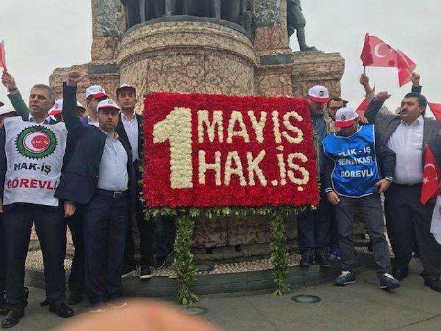 Hak-İş ve Türk-İş 1 Mayıs Emek ve Dayanışma Günü dolayısıyla Kazancı Yokuşu'na karanfil, Taksim Cumhuriyet Anıtı'na çelenk bıraktı.