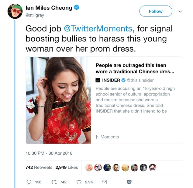 Twitter Moments adlı hesaba çıkan bu olay daha sonra insanların Daum'ı taciz ettiğini söyleyen ağır sağcı Ian Miles Cheong tarafından farkedildi.