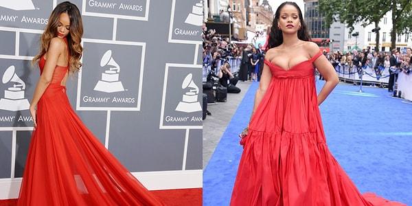 23. Rihanna'yı öncesi ve sonrası olarak koyduk ki iki hâliyle de kırmızı rengin yakıştığını göstermek istedik. 😍