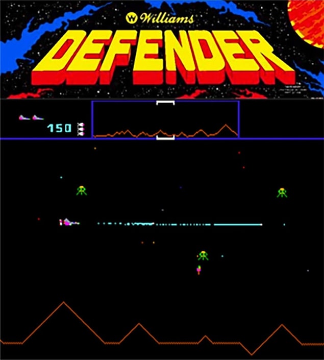 1. Groot'un elinden düşürmediği Defender, 80'lerden kalma bir Atari oyunu. Oynarken dalga dalga gelen uzaylı istilası ile mücadele ediyorsunuz.