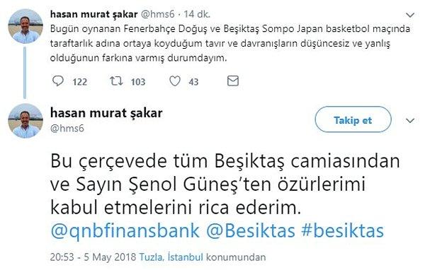 Yoğun tepki alan Finansbank Genel Müdür Yardımcısı Murat Şakar sosyal medya üzerinden Beşiktaş camiası ve Şenol Güneş'ten özür diledi.