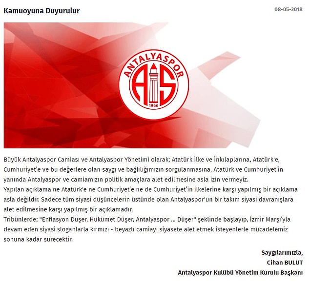 Gelen tepkiler üzerine Antalyaspor'dan ikinci açıklama;