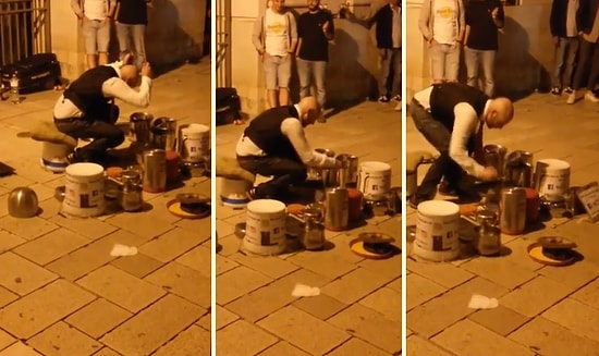 Topladığı Çeşitli Eşyalarla Sokakta Müzik Yapan Adam