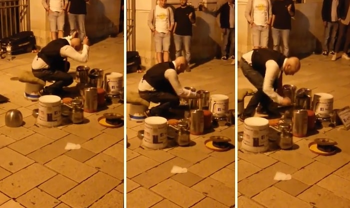 Topladığı Çeşitli Eşyalarla Sokakta Müzik Yapan Adam