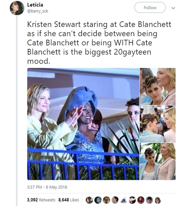 Aynı kullanıcı daha sonra "Kristen Stewart'ın Cate Blanchett'e onunla olmak ya da o olmak arasında karar veremiyormuş gibi bakışı en büyük 2018 modu." diye ekledi.