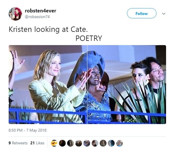 Başka birisi ise "Kristen'ın Cate'e bakışı. ŞİİR." şeklinde bir yorum yaptı.