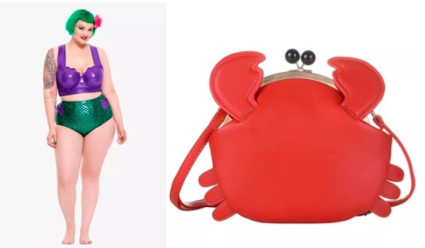 Итак, что касается Ариэль, она на самом деле не носит много одежды, по крайней мере, пока находится в море. У нее в основном только фиолетовый бюстгальтер и зеленый хвост, что является комбинацией благородных тонов. Так что шорты с высокой талией и укороченный топ в форме ракушек с полной уверенностью донесут обществу ваш посыл о том, чьей поклонницей вы являетесь. К тому же вы не захотите никуда идти без своего краба-защитника, не так ли? Эта сумочка не будет брюзжать так сильно, как настоящий Себастьян, но сможет вместить в себя все ваши гаджеты и косметичку.