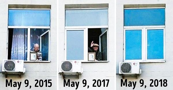 15. "Bu yaşlı adam Rusya'nın Zafer Gününü birkaç yıldır annesinin fotoğrafını elinde tutarak bu şekilde kutluyor. Fakat bu sene pencereye çıkamadı. 97 yaşında hayatını kaybetmişti ve 2018 mayısında pencere boş kaldı."