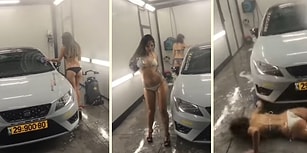Bikiniyle Araç Yıkarken Kameralara Oynamak İsteyen Kadının Yere Yapıştığı Anlar