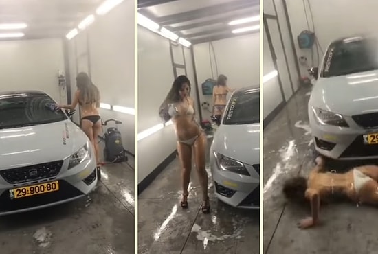 Bikiniyle Araç Yıkarken Kameralara Oynamak İsteyen Kadının Yere Yapıştığı Anlar
