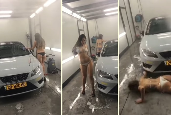Bikiniyle Araç Yıkarken Kameralara Oynamak İsteyen Kadının Yere Yapıştığı Anlar