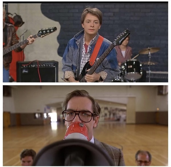 4. В фильме "Назад в будущее" во время отбора для танцев герой Марти исполняет песню "Сила любви" музыканта Хью Льюиса. Один из членов жюри говорит ему о том, что поёт Мартин слишком громко. Так вот это и есть Хью Льюис.