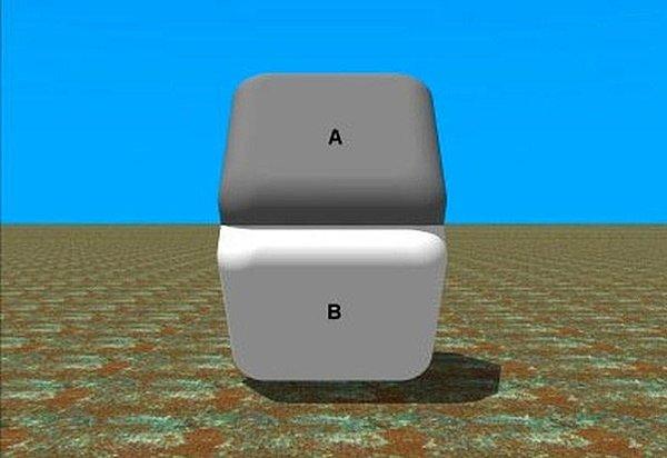 2. Benzer bir illüzyon daha. A ve B karoları yeniden aynı renkte. inanmıyorsanız birleşim noktasına parmağınızı koyup yeniden bakın.