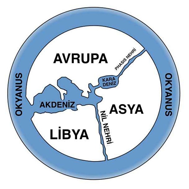 Anaksimandros'un ortaya çıkardığı ve tarihte bir ilk olan haritaya göre Dünya aşağı yukarı böyle bir yerdi: