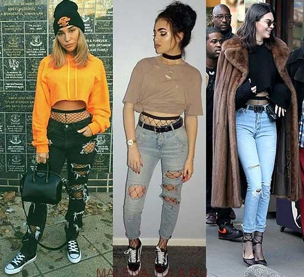 9. Джинсы + колготки в сетку