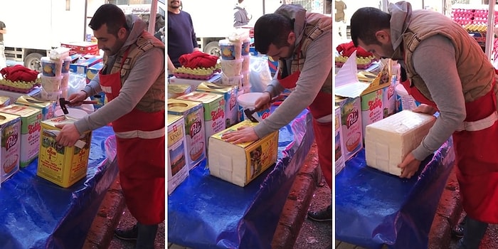 Peynir Tenekesini Açarken Adeta Hipnoz Etkisiyle Sanat Eseri Ortaya Çıkaran Pazarcı
