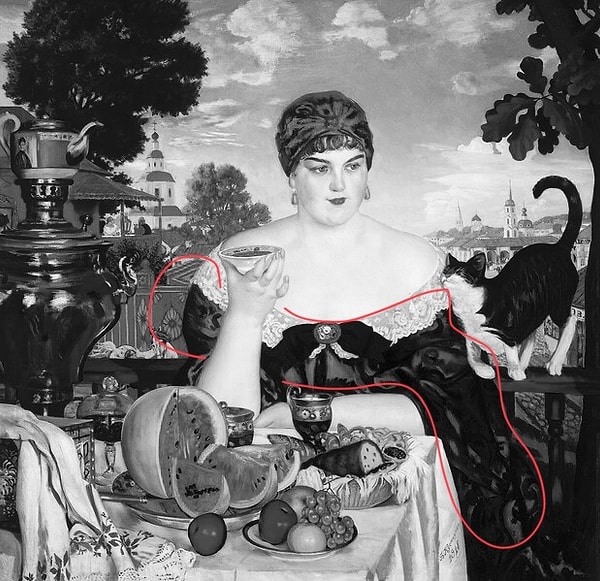 6. Перед вашим взором картина Бориса Кустодиева «Купчиха за чаем». Не припоминаете, какого цвета платье дамы?