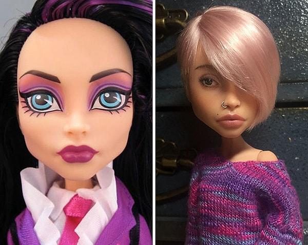 2. Monster High kızlarını ve Barbie'leri, şekillerini değiştirerek ve peruklarla çalışarak bambaşka bir şekle büründürüyor.