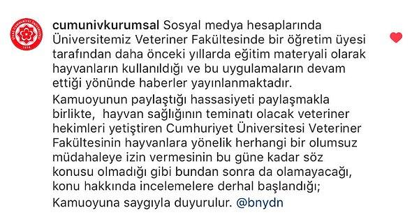 Cumhuriyet Üniversitesi İnstagram üzerinden açıklama yaptı.
