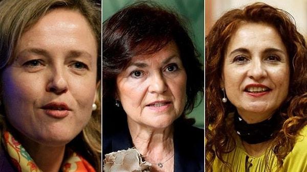 Kabinede kilit konumlardaki üç kadın: Ekonomi Bakanı Nadia Calviño, Başbakan Yardımcısı Carmen Calvo ve Maliye Bakanı María Jesús Montero