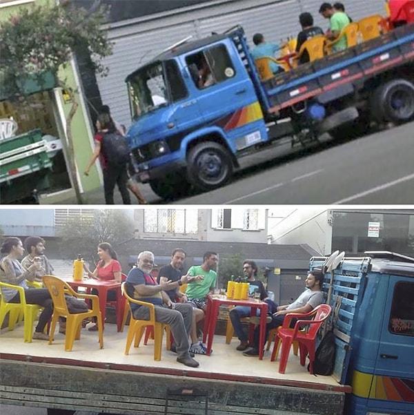 8. Brezilya'da işletmelerin sokağa masa çıkarması yasaklanmış. Onlarsa böyle bir çözüm bulmuş...