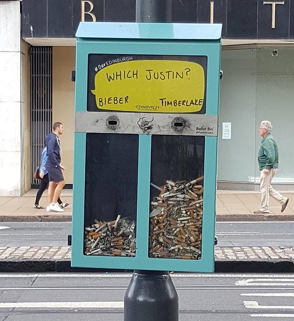 15. Sigara izmaritlerinizle oy verebileceğiniz bir çöp kutusu.