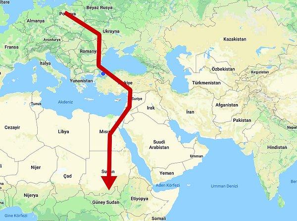 Polonya, Ukrayna, Romanya, Türkiye, Suriye, Lübnan, İsrail ve Mısır rotasını izleyip 7 Ekim 2017'de son durağı Sudan'a varmış.