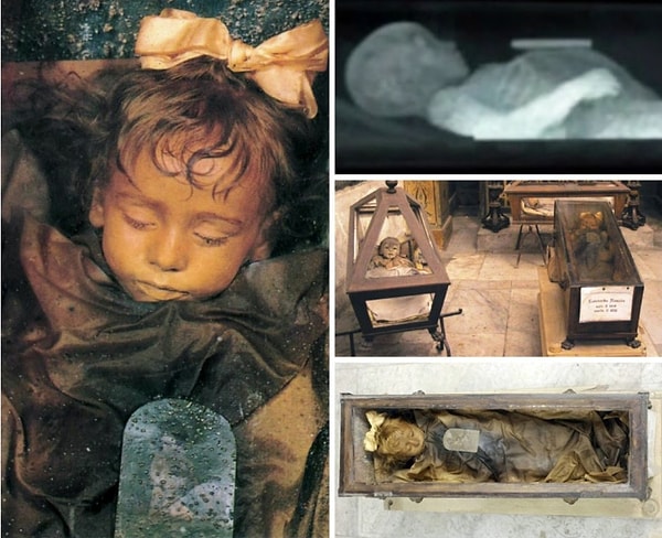 В подземном кладбище была обнаружена мумия красивой маленькой девочки, спящей в стеклянном гробу, расположенном на деревянном пьедестале. Ее имя - Розалия Ломбардо. Ее прозвали «Спящей красавицей».