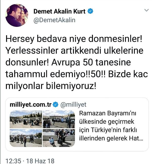 Demet Akalın, ülkesine bayramlaşmaya giden Suriyeli sığınmacılarla ilgili sosyal medya hesabından bir haber paylaşmış ve şöyle bir yorumda bulunmuştu 👇