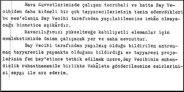 Bonus: 1939'da Milli Savunma Bakanlığı'nın Vecihi Hürkuş'un uçak projesine verdiği cevap: