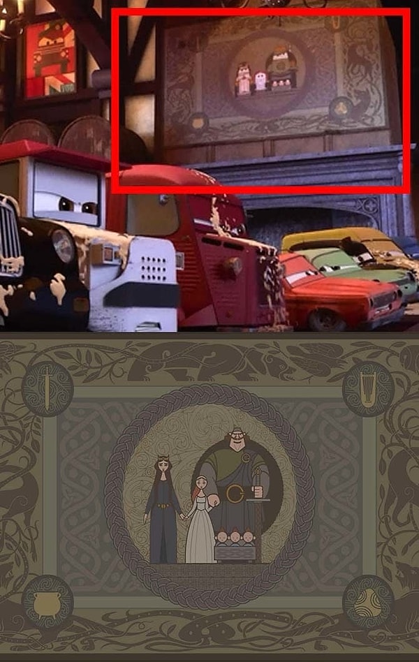 9. В "Тачках 2" (2011) на стене можно увидеть портрет семьи Данброх, выполненный в стиле машин, из "Храброй сердцем" (2012).