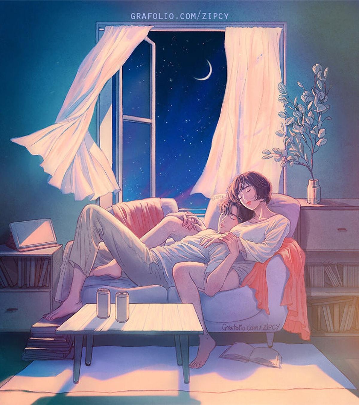 Сон жить вместе. Корейский художник Zipcy. Романтические иллюстрации. Романтические рисунки.